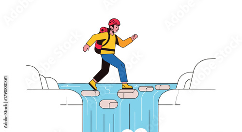 Adventurous Traveler Crossing The River, Illustrated Design With Minimalistic, Flat Style