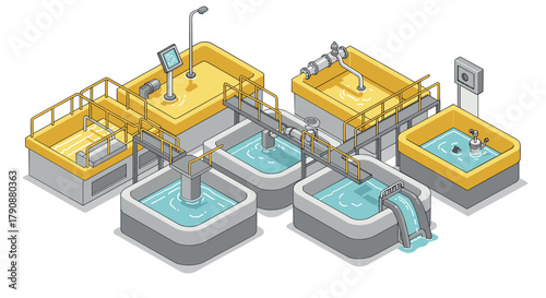 Isometric water treatment plant diagram with clear labels and pathways