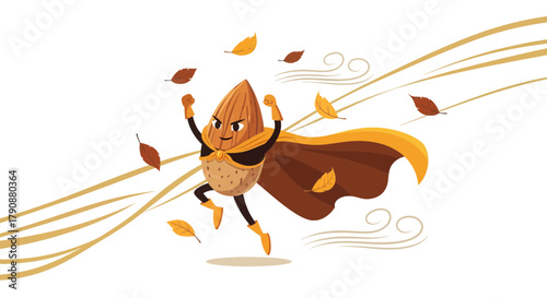 Almond Hero: Animated Nut Superhero Amidst Autumn Leaves and Whimsical Wind