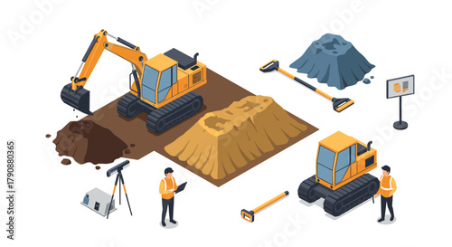 Construction site machinery with excavators and tools in isometric design