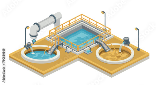 Isometric water treatment facility with tanks and pipelines