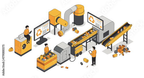 Recycling plant automation process isometric design with workers and machinery