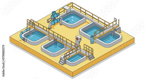 Isometric water treatment plant design with pipes and tanks