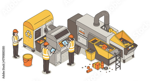 Automated recycling plant isometric design with workers using technology