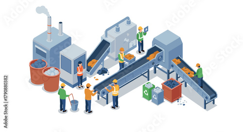 Isometric recycling plant with workers and machinery processing materials