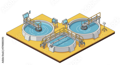 Isometric water treatment plant diagram with circular clarifiers and control monitors