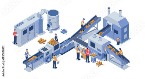 Modern factory production line with workers and conveyor belts in isometric style