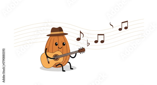 Almond Plays Guitar: A Cute Musical Illustration with Decorative Music Notes