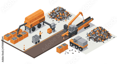 Construction site technology isometric heavy machinery and equipment in action