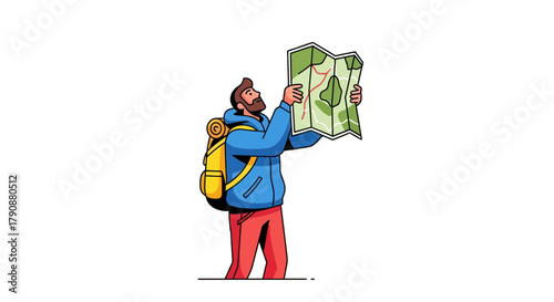 Adventurous Traveler Examining a Map in Search of Directions Illustration