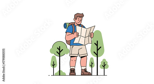 Adventurous Traveler Exploring Nature With a Map While Surrounded by Trees