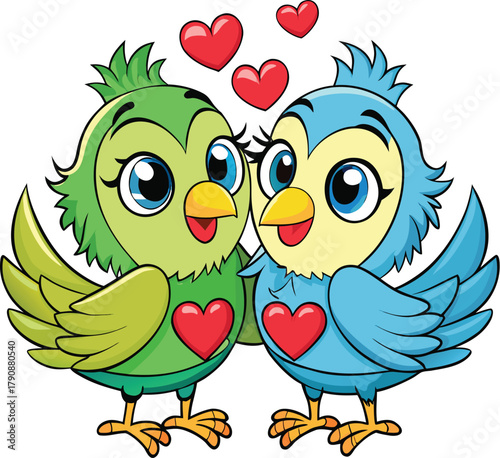 Lovebirds Cartoon Vector — a cute pair of colorful birds sitting together, symbolizing love and togetherness; perfect for cards, kids’ designs, decor, branding, and creative artwork.