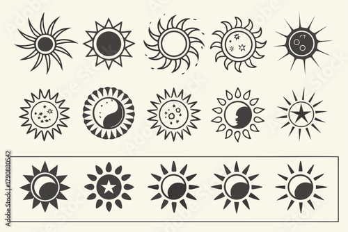 Assortment of Sun and Moon Icons in Various Styles celestial symbol