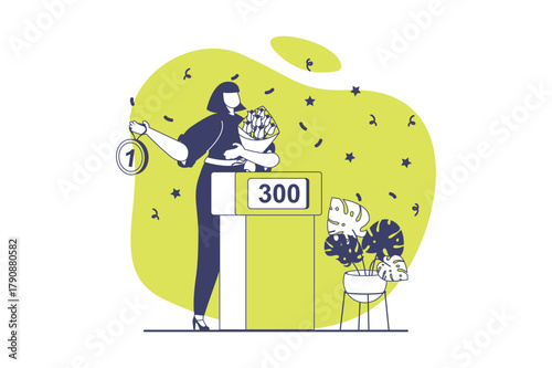Happy competition champions web concept with flat people for website design. Woman winning at challenge, getting first place with medal and flower bouquet, delivering speech. Vector illustration.