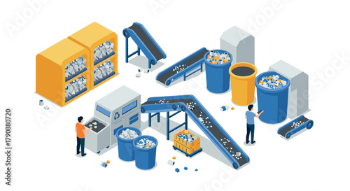 Isometric recycling facility with automated conveyor system and workers