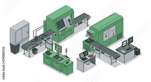 Isometric factory machines and conveyor belt system with computers