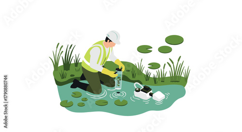 Environmental scientist testing water quality in a wetland scene