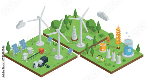 Green energy solutions wind, solar, and biofuel technology in isometric eco landscapes