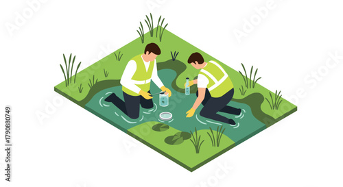 Environmental scientists collecting water samples in wetland isometric illustration