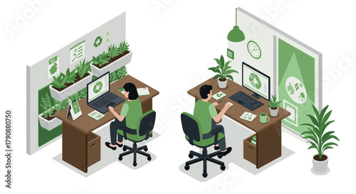 Ecofriendly workspace design with office plants and green decor in isometric style