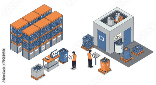 Efficient recycling plant workflow in isometric style