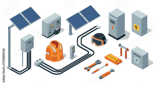 Isometric solar energy equipment set with safety gear and tools