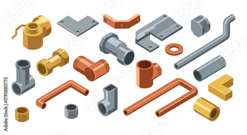 Isometric metal pipe fittings and connectors for plumbing projects