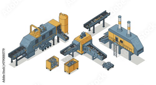 Isometric factory machinery set with conveyor belts and storage units