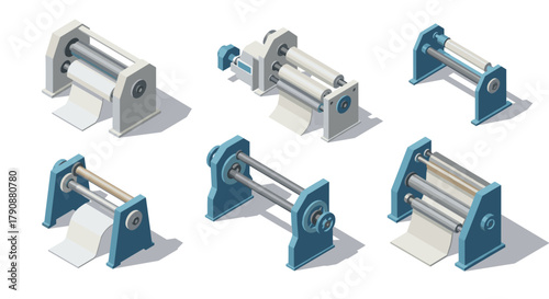 Isometric industrial equipment icons diverse machines and rollers in blue tones