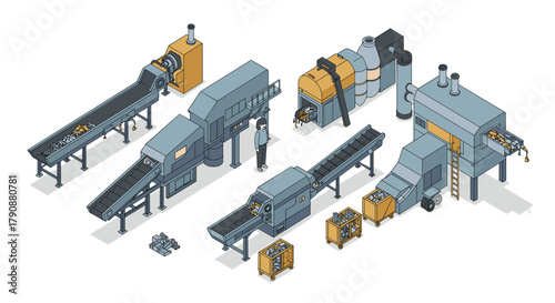 Isometric factory equipment set with conveyor belts and industrial machines
