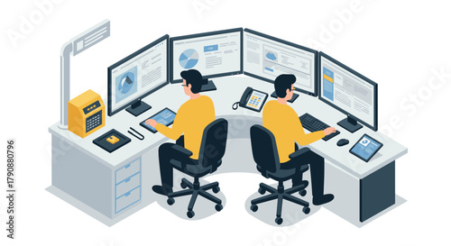 Efficient command center with dual monitors and devices in isometric workspace
