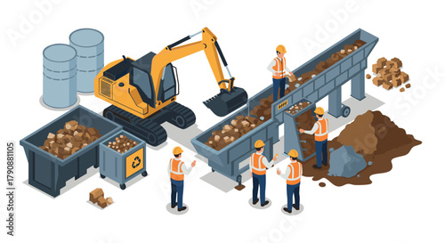 Construction site with excavator and workers in isometric style