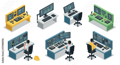 Diverse control room setups with modern interfaces in isometric style