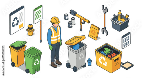 Isometric recycling and waste management scene with worker and equipment