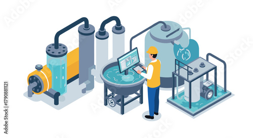 Isometric illustration of water treatment facility with engineer monitoring