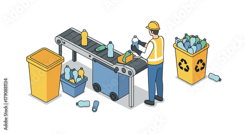 Recycling conveyor with worker sorting plastic bottles in isometric style
