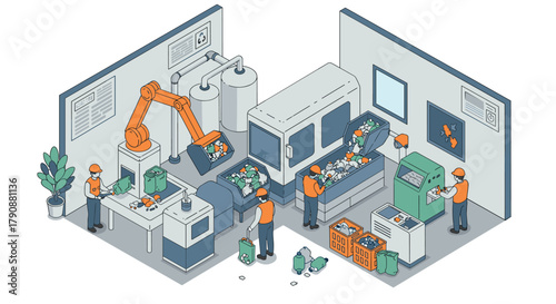 Isometric recycling factory with workers and machinery in action
