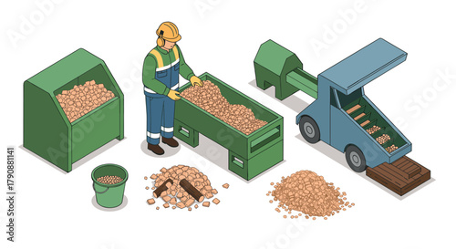 Isometric industrial scene with worker and machinery processing materials