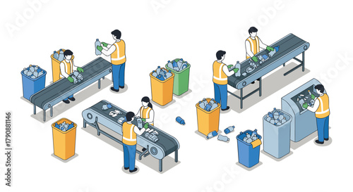 Recycling process with workers sorting plastics on conveyor belt in isometric style