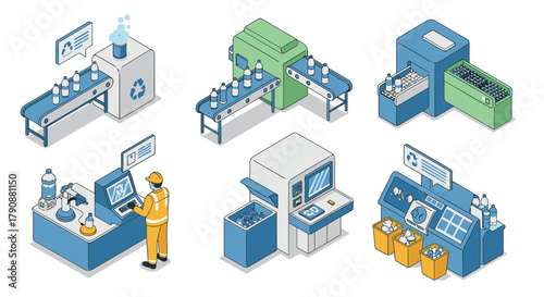 Isometric recycling process industrial conveyor systems and waste management