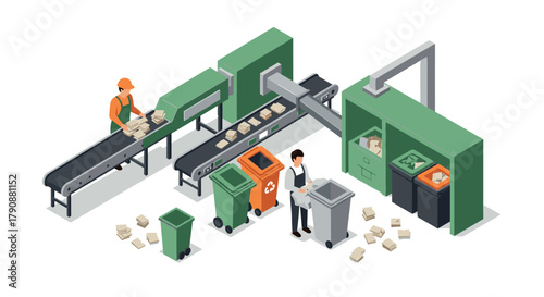 Isometric recycling station with workers sorting paper on conveyor belt