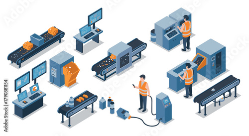 Industrial factory isometric design with conveyor belts and workers in orange safety vests