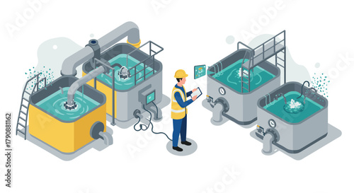 Isometric wastewater treatment plant with technician monitoring industrial tanks and pipes