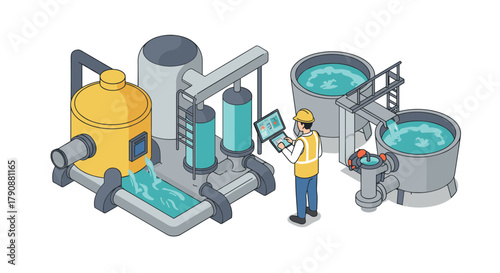 Isometric water treatment plant with worker monitoring control panel for efficient industrial processing