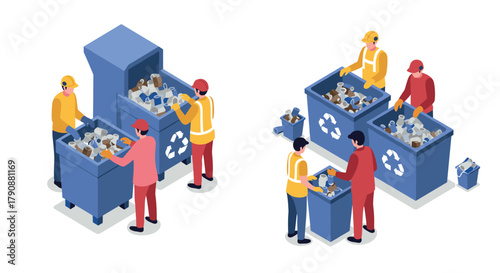 Isometric recycling process with workers sorting waste for environmental conservation
