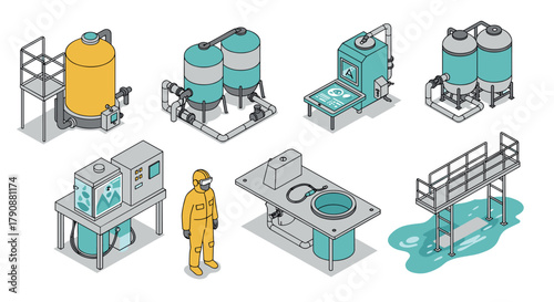 Industrial water treatment isometric design with equipment and worker in safety gear