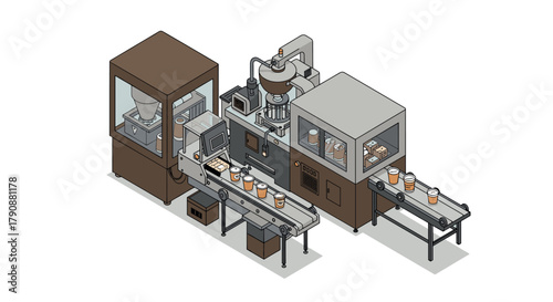 Isometric industrial coffee packaging line with conveyor and machines