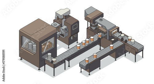 Isometric coffee production line with machines and conveyor belt