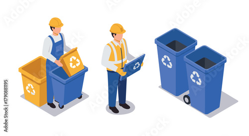 Workers sorting recyclable waste into bins sustainable waste management concept