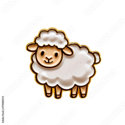 Cute cartoon sheep enamel pin with golden border on a transparent background, cut out